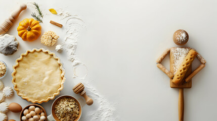 Naklejka premium Thanksgiving Baking Concept: 3D Flat Icon of Person with Pie Crust and Rolling Pin Overlay on White Background with Copy Space