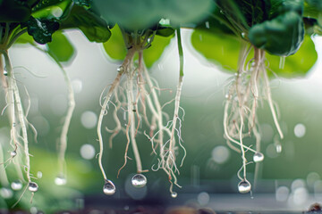 Water droplets on aeroponic plant roots, highlighting efficient water usage