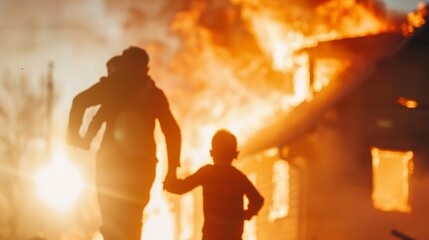 Family Fleeing Burning House with Firefighters - Home Safety Illustration