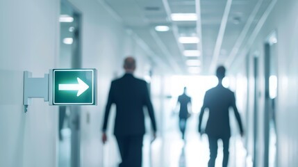 Urgent Office Building Evacuation Scene with Employees Exiting Under Emergency Lights - Ideal for Safety Campaigns