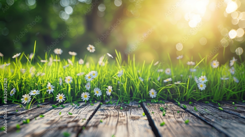 Poster spring natural background with green fresh juicy young grass on an empty wooden table in nature. sun