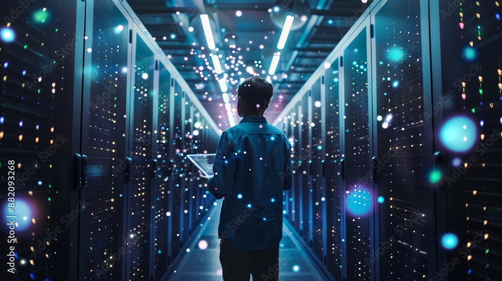 Poster work in a high-tech data center as an it professional monitoring database network server performance