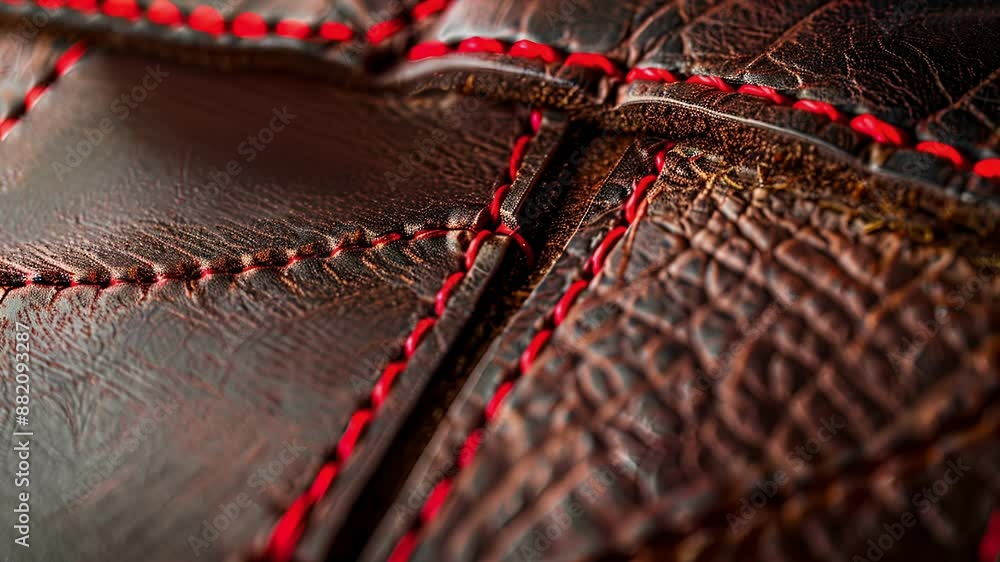 Poster a peek into a leather trunk lining with intricate stitching and a contrast stitching in bright red.
