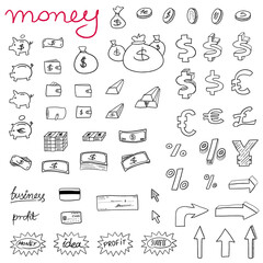 Money icons - doodle style illustration with money, currencies and finance object symbols. Business set. Transparent PNG.