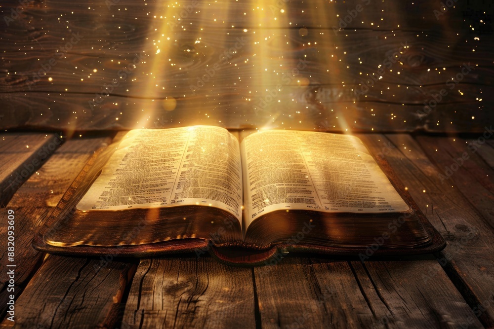 Poster an open book lying flat on a wooden table, ready for reading and learning