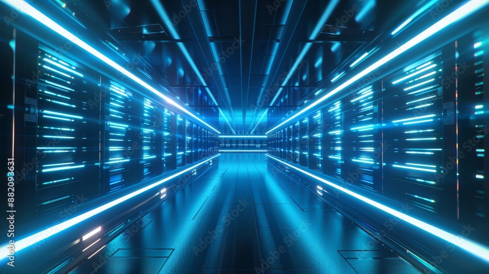 Poster a data center or internet service provider's server room contains digital networks and data servers 