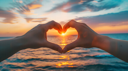 Two hands forming a heart shape against a beautiful sunset on the beach, symbolizing love and romance by the sea.