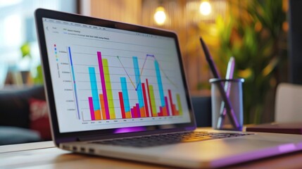 A laptop screen showing a colorful bar chart representing quarterly sales figures and financial performance metrics.