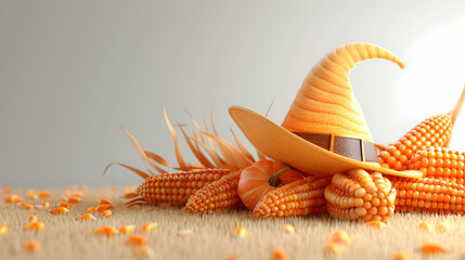 Thanksgiving Tradition Symbolized: 3D Flat Icon of Pilgrim Hat and Corn Stalks on Table with Copy Space
