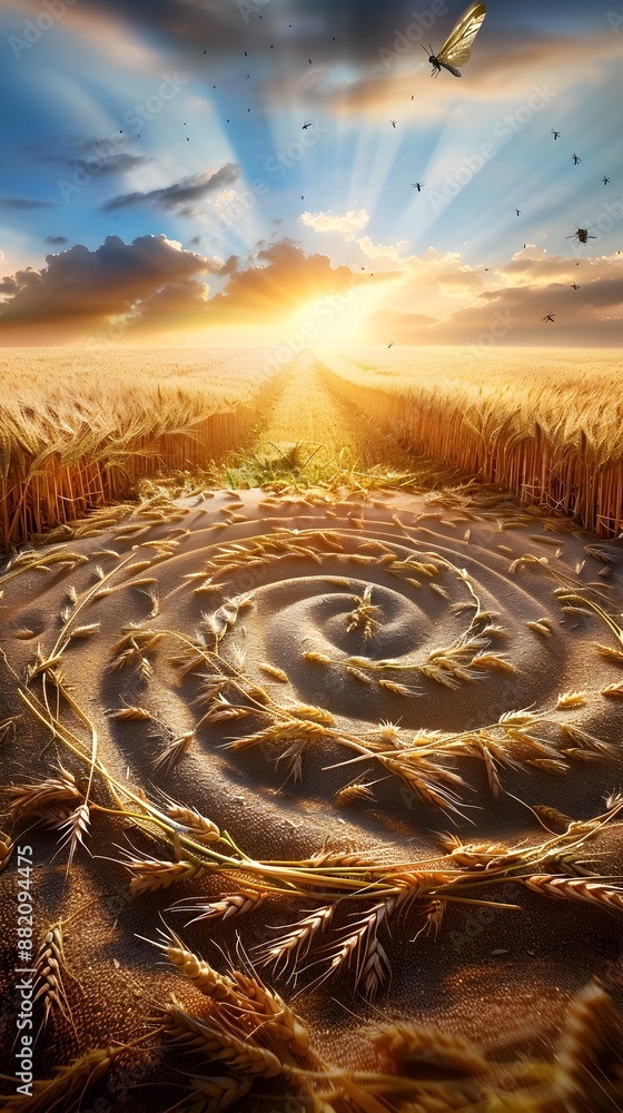 Poster mysterious crop circle patterns etched into golden wheat fields at dawn's enchanting light