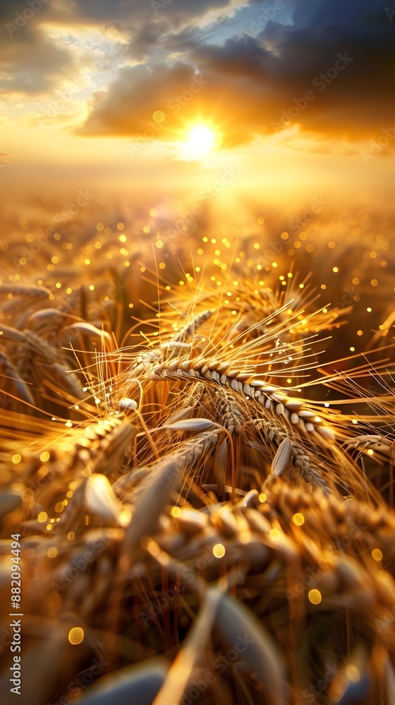 Poster mesmerizing crop formations at sunrise: mysterious golden wheat fields aglow with ethereal patterns