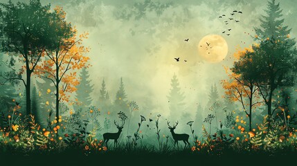 Illustration of International Day of Forests with trees and wildlife, ample copy space