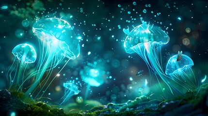 Naklejka premium Luminous Jelly Caves Illuminated by Bioluminescent Fungi and Explored by Curious Earwigs
