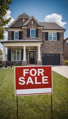 Modern two-story house with a "For Sale" sign on a well-maintained lawn