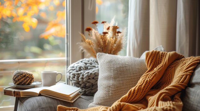 Cozy autumn reading nook with blankets and hot drink by a window