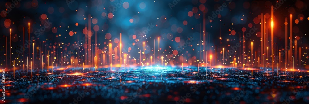 Poster in a futuristic setting, there are red and blue lights in abstract digital data streams on a dark ba