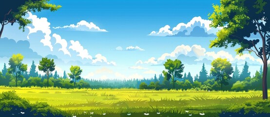 Stunning panoramic mountain landscape. Fresh green meadows and blooming wildflowers, sun rays. Beautiful view of rural countryside, sunny outdoor scenery. Bright banner nature spring summer view.