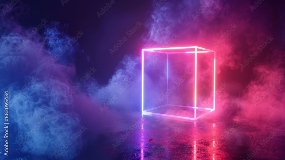Poster a 3d rendering of an abstract pink blue neon background with glowing clouds and a cube box geometric