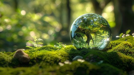Glass ball reflecting a lush forest scene with moss and greenery
