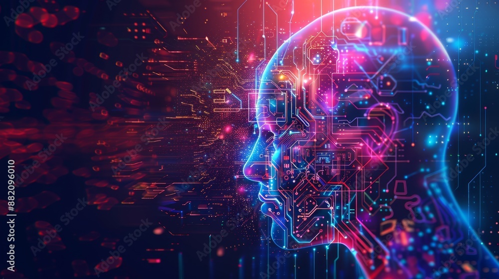 Poster artificial intelligence is analyzing data connecting dots inside digital human head