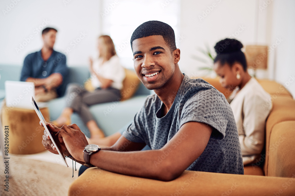 Poster tablet, portrait and man on sofa in office for coworking space with online trading app. digital tech