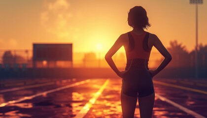 Athletic Woman with Short Hair Standing on Track, Wearing Sportswear, Early Morning Background, Focused Expression