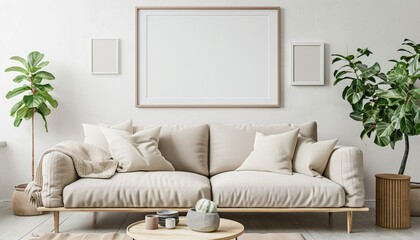 Minimalist Living Room with Beige Sofa, Plants, Neutral Tones, Wooden Frame, Cozy Blanket, Pillows, Sleek Design, Background with Copy Space, Mockup
