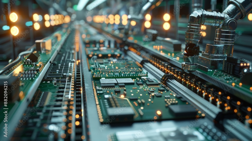 Poster a fully automated pcb assembly line equipped with high precision robots at an electronics factory. e
