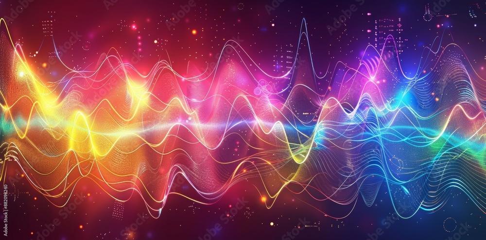 Poster the background is an abstract 3d render with colorful neon wavy lines