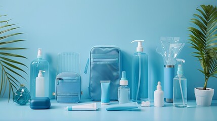 Set of blue cosmetic containers arranged on a light blue background