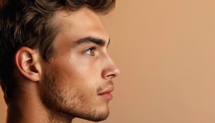 Obraz premium Side Profile of Young Man on Warm Beige Background, Copy Space, Banner