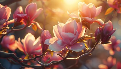 Magnolia Tree Blossom in Springtime, Tender Pink Flowers Bathing in Sunlight, Close-Up, Copy Space