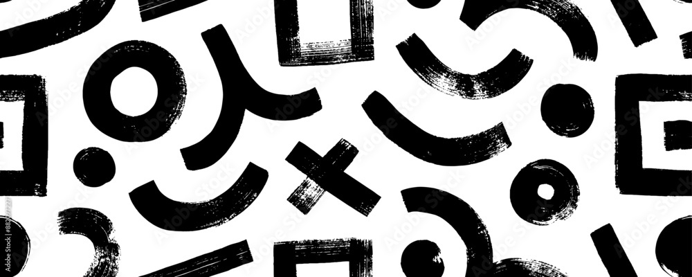 Poster Bold brush drawn various geometric shapes seamless pattern. Curved thick lines, circles, squares and dots. Grunge style grafitti shapes.