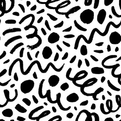 Fun doodle lines seamless pattern. Brush drawn squiggles and dots, various strokes. Childish style background in creative naive style. Creative confetti doodle motif. Freehand abstract drawing.