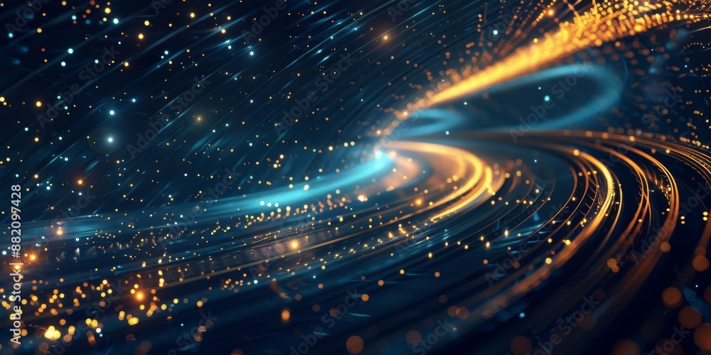 Poster a dynamic digital abstract scene with vibrant light trails and particles in a futuristic cosmic sett