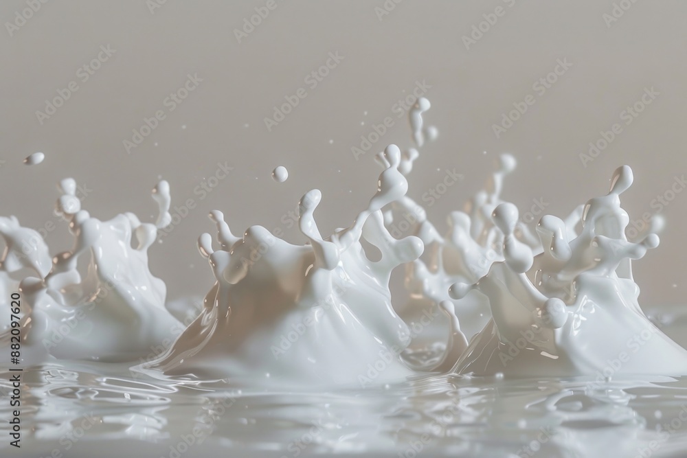 Poster a close-up shot of a splash of milk on a white surface, with subtle texture and reflections
