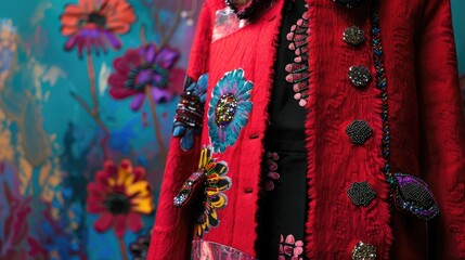 Fototapeta premium Contemporary women s coat with chic embellishments against colorful backdrop