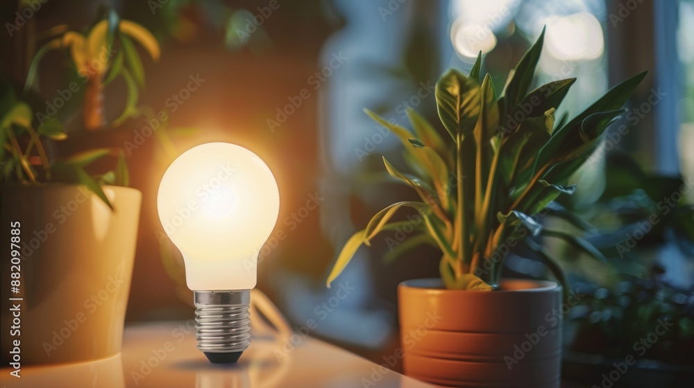 Poster a modern led light bulb emitting bright, energy-efficient light, illuminating a workspace.