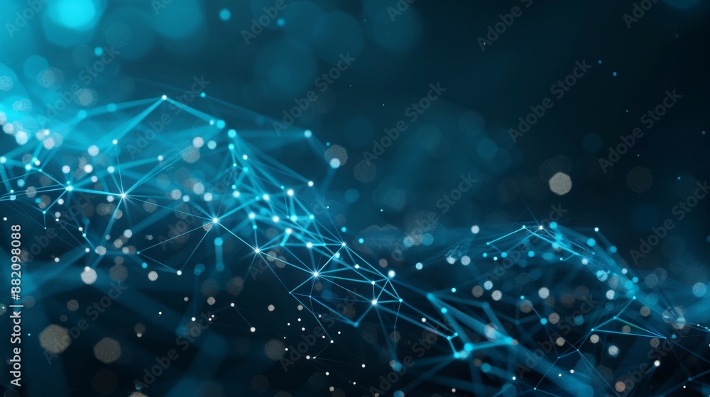 Poster data transmission is represented by a blue abstract background with a dynamic network grid and vivid