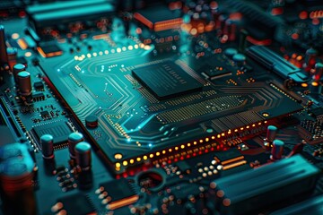 Fototapeta premium Close-up view of a computer motherboard with illuminated circuits, emphasizing intricate electronic components and modern technology.