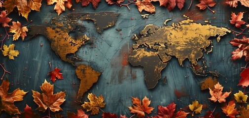 Artistic world map in autumn theme with fallen leaves, combining nature and geography, perfect for seasonal and travel concepts.