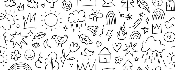 Hand drawn childish doodle seamless pattern with various shapes and elements. Cute doodle wallpaper with birds, crowns, hearts and sun. Kid outline drawings. Seamless pattern for coloring.