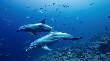 Fototapeta premium A pair of dolphins playfully swimming alongside schools of fish in the open ocean waters.