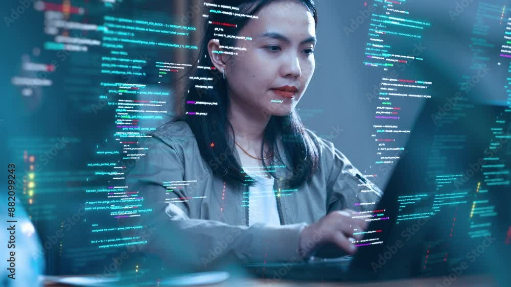 Wall mural an asian woman works with a laptop, surrounded by abstract holographic code. concepts of software de
