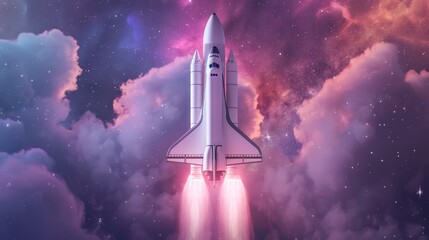 Fototapeta premium Futuristic shuttle design, sleek and innovative, soaring through the cosmos with vibrant nebulae in the background, showcasing advanced space travel