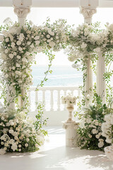beautifull mediteranian white wedding flower backdrop for photography studio