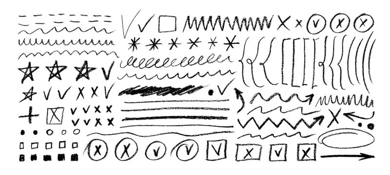 Collection of crayon drawn underlines, brackets, dots and check marks for to do list and notes. Hand drawn pencil doodle stars, check marks, various lines for diagrams. Underline and emphasis elements