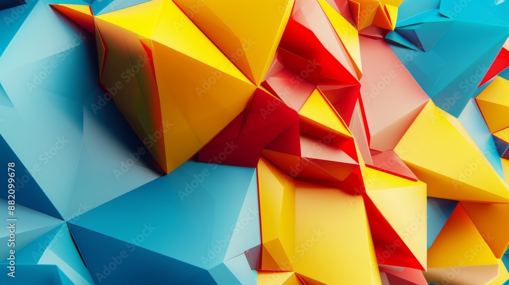 Poster abstract yellow and blue background with low-polygon shapes and a red center in the middle.