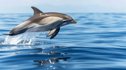 Fototapeta premium Graceful dolphin leaping out of the ocean, sparkling water droplets and blue sky backdrop, emphasizing the playful nature of marine mammals