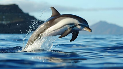 Graceful dolphin leaping out of the ocean, sparkling water droplets and blue sky backdrop, emphasizing the playful nature of marine mammals